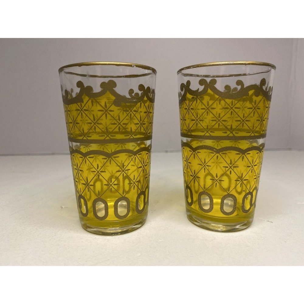 Vtg Moroccan Style Tea Glasses Yellow and Gold Set of 2 Persian Turkish Cordial - Picture 3 of 11